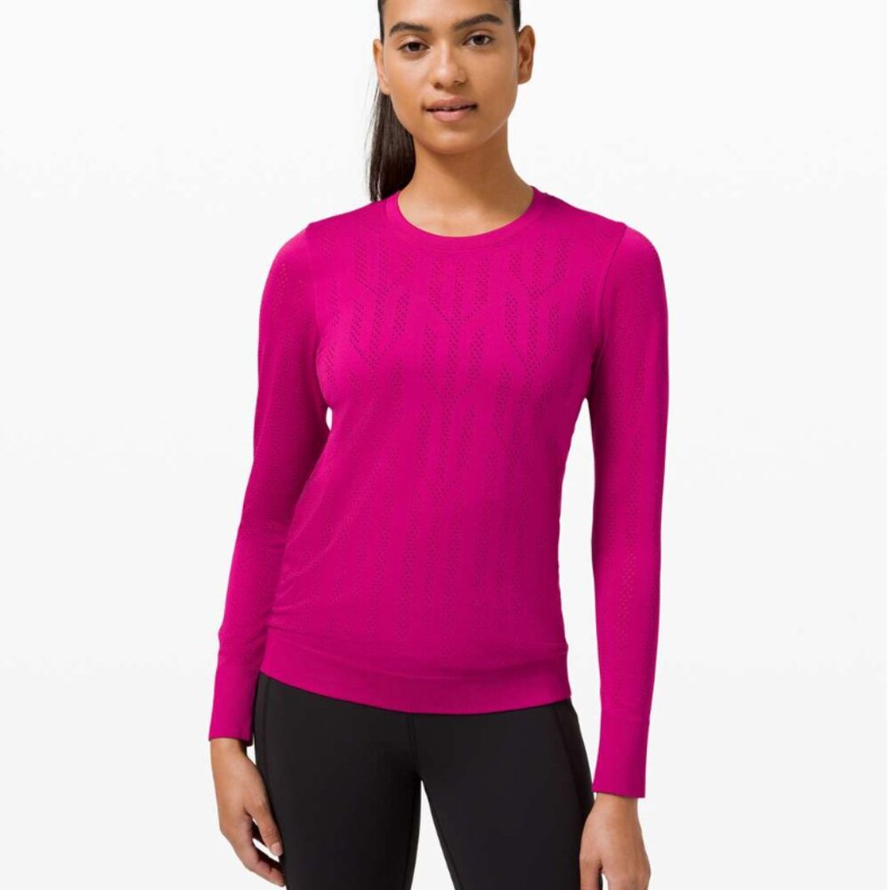 Lululemon Top Swiftly Breathe Long Sleeve Fetching Lines Ripened Raspberry 10